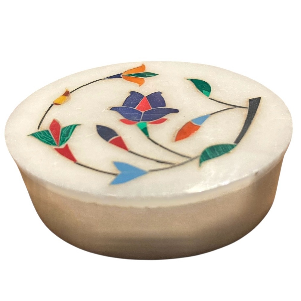 White marble oval trinket box multicolor precious stone floral inlay lid ring bx